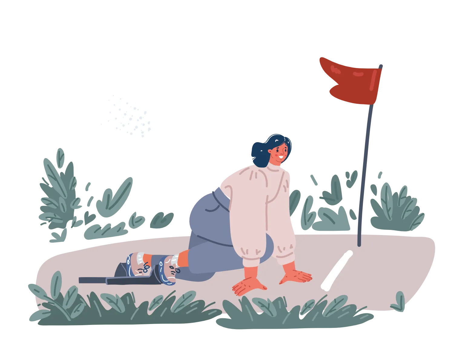 Un sentiero sinuoso attraverso un paesaggio dolce con piccoli segnali lungo il cammino — che rappresenta un viaggio continuo di crescita e supporto