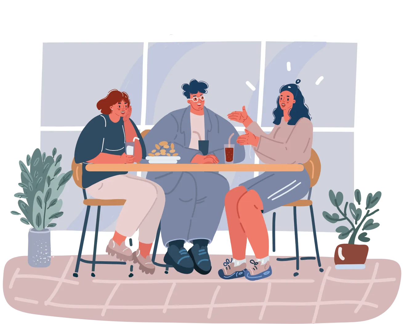 Two people in a relaxed conversation across a table — one guiding, one listening — conveying a collaborative, human vetting process rather than a cold evaluation